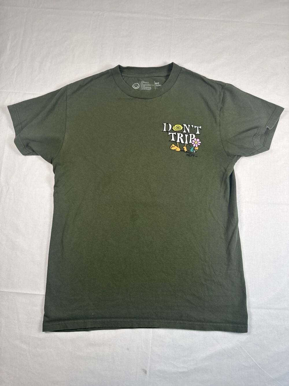 Neff Don't Trip We're Going Nowhere Graphic T-Shirt Olive Green Size Small